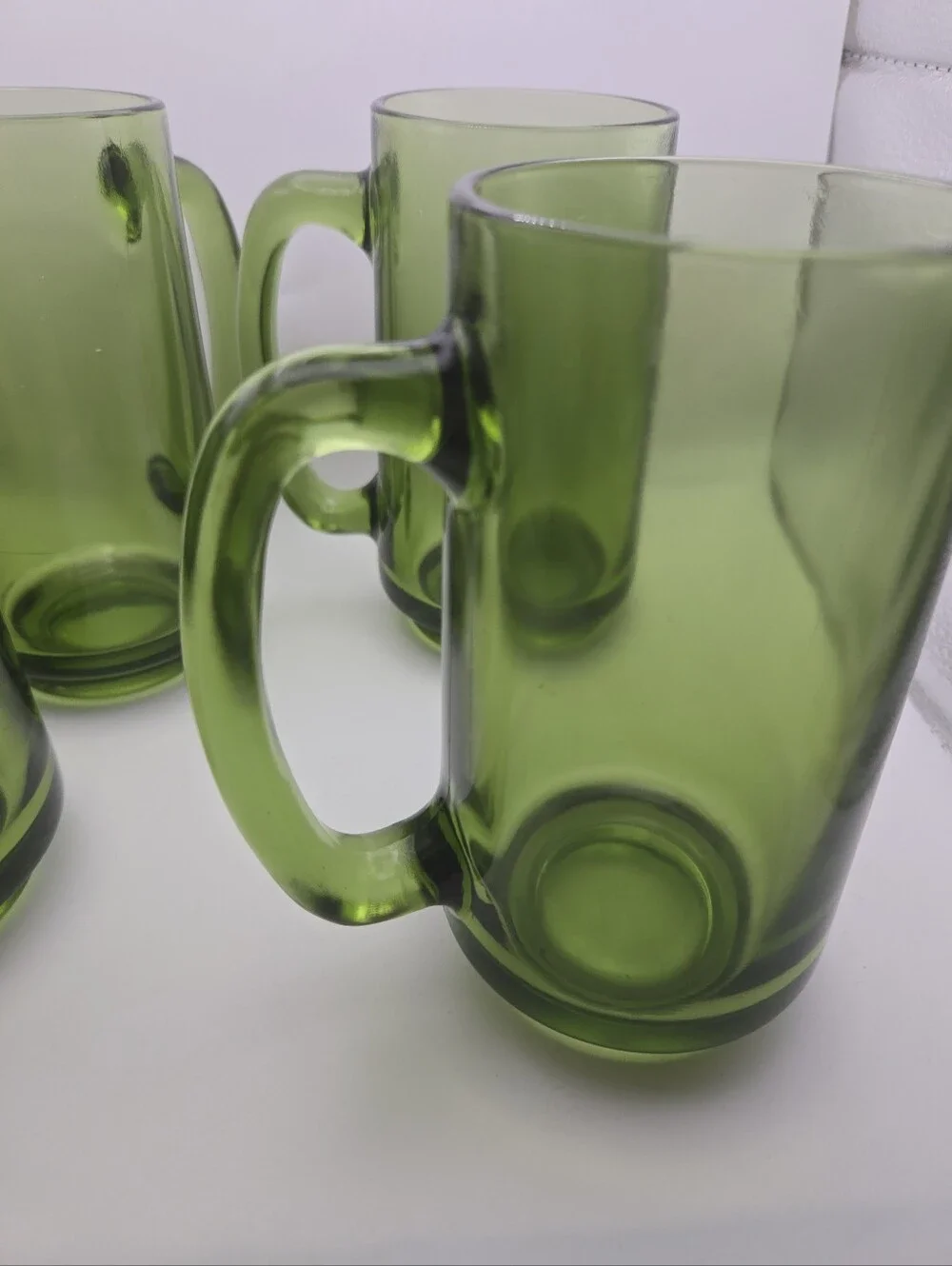 Set of 4 Vintage Olive Green Glass Coffee Mugs Beer Stein Style